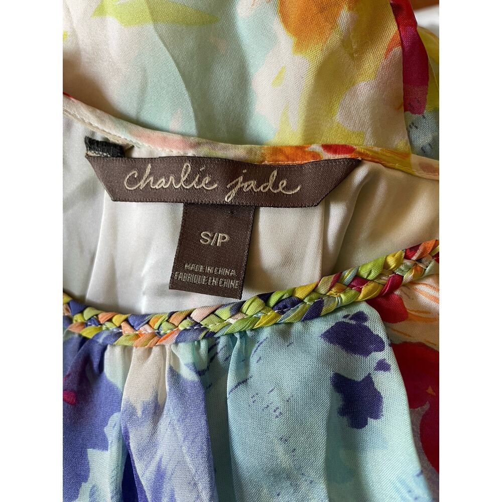 Charlie Jade Chiffon Tank Swing Floral Dress Multi Color EUC 100% Silk S 2 4 - Picture 5 of 11